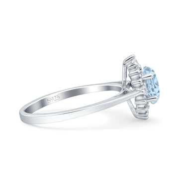 Halo Oval Art Deco Bridal Wedding Ring Simulated Aquamarine CZ 925 Sterling Silver